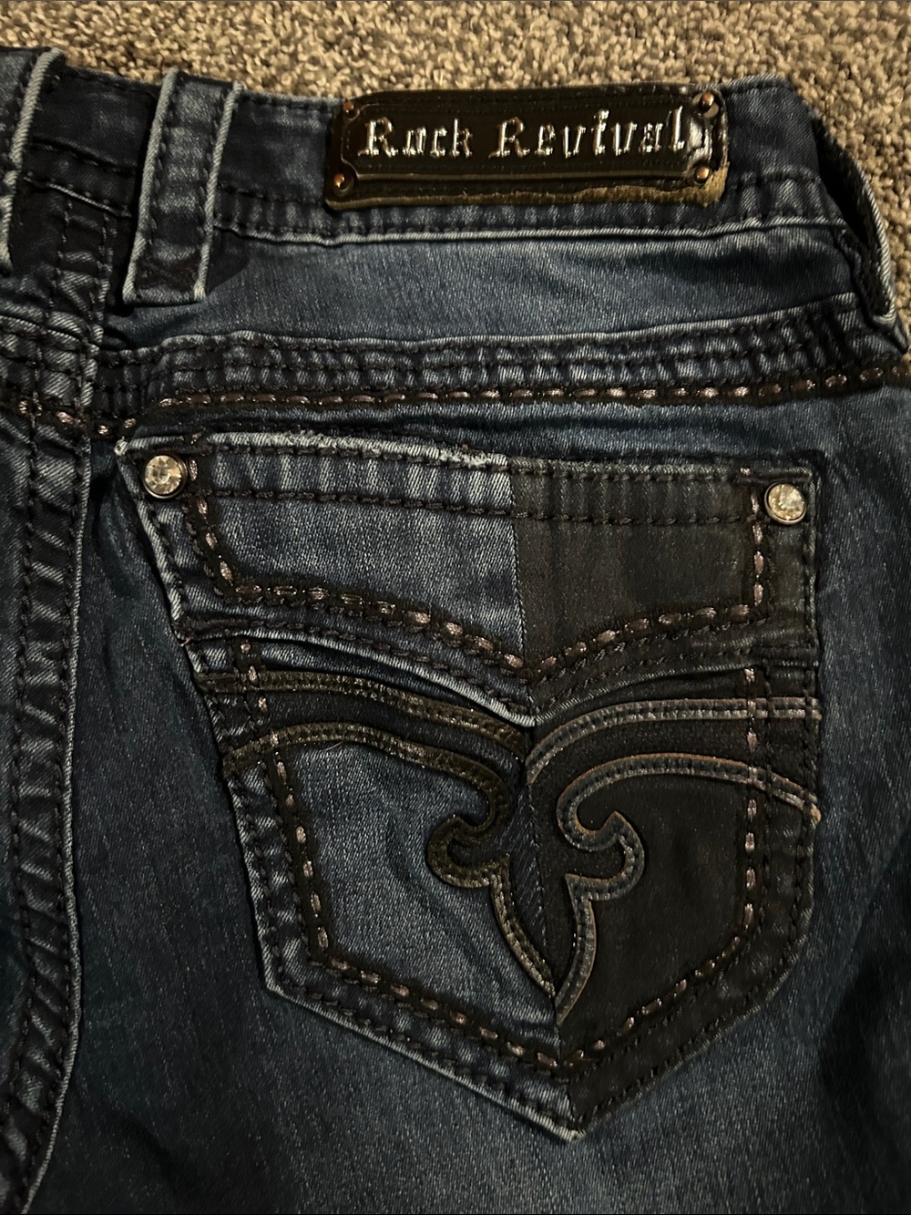 Rock Revival Blue Denim Jeans with Black Embroidered Pockets - Picture 2 of 6